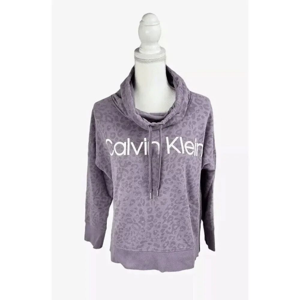 Calvin Klein Purple Leopard Animal Print Cowl Neck Sweatshirt Size Medium Logo